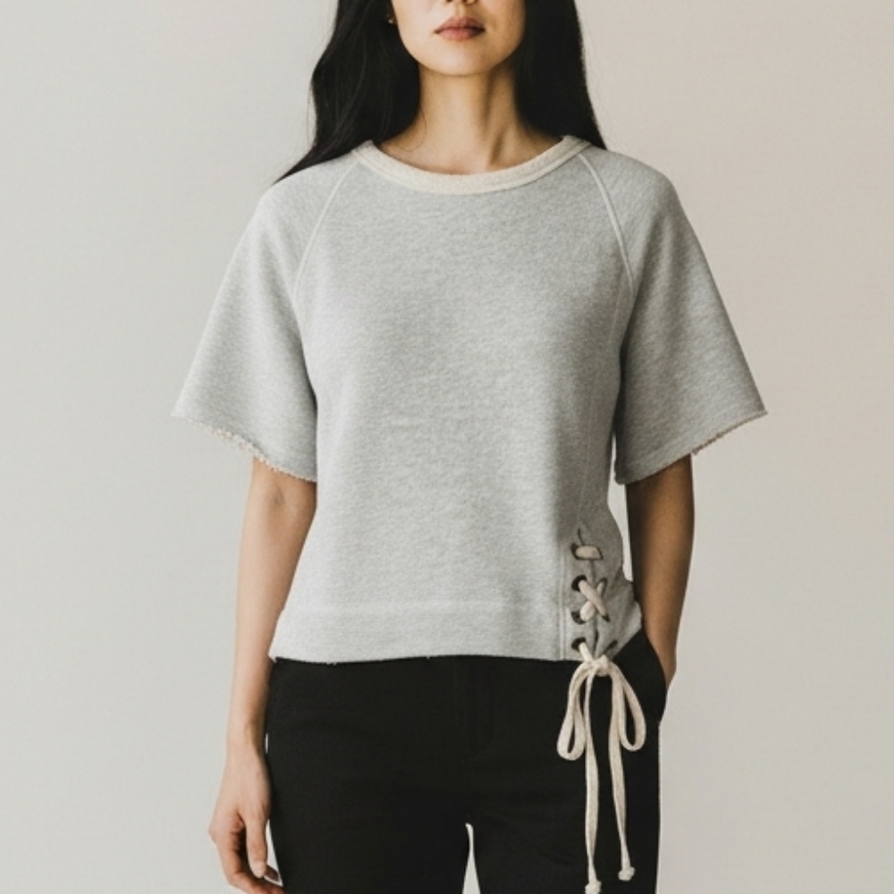 Lilla P Sweater Lace Up Top Minimalist Sweatshirt Knit Top Grey Beige XSmall